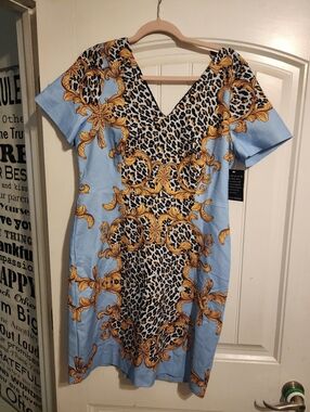 Boston Proper Baroque Leopard Print Dress Size 12 | Blue Gold Versace Inspired